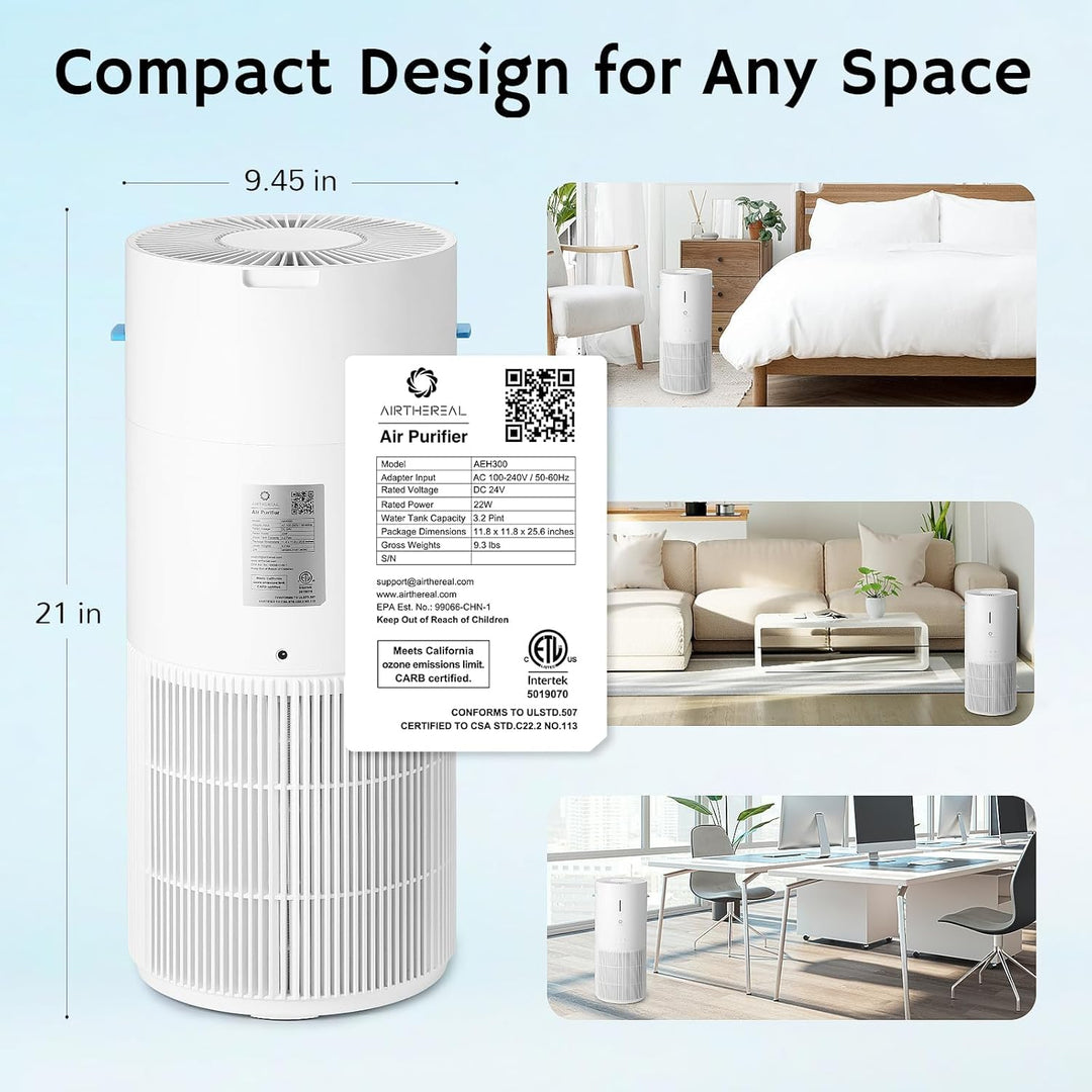 Airthereal 2-in-1 Luftreiniger mit Luftbefeuchter für bis zu 125 m², 3-Stufen-Filter, Luftqualitätsa