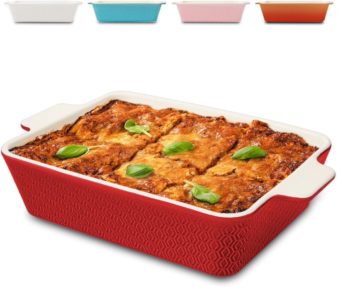 Auflaufform Gross aus Keramik - Extra Hoher Rand - Für Lasagne, Tiramisu & Auflauf - Eckig - Rot, Ro