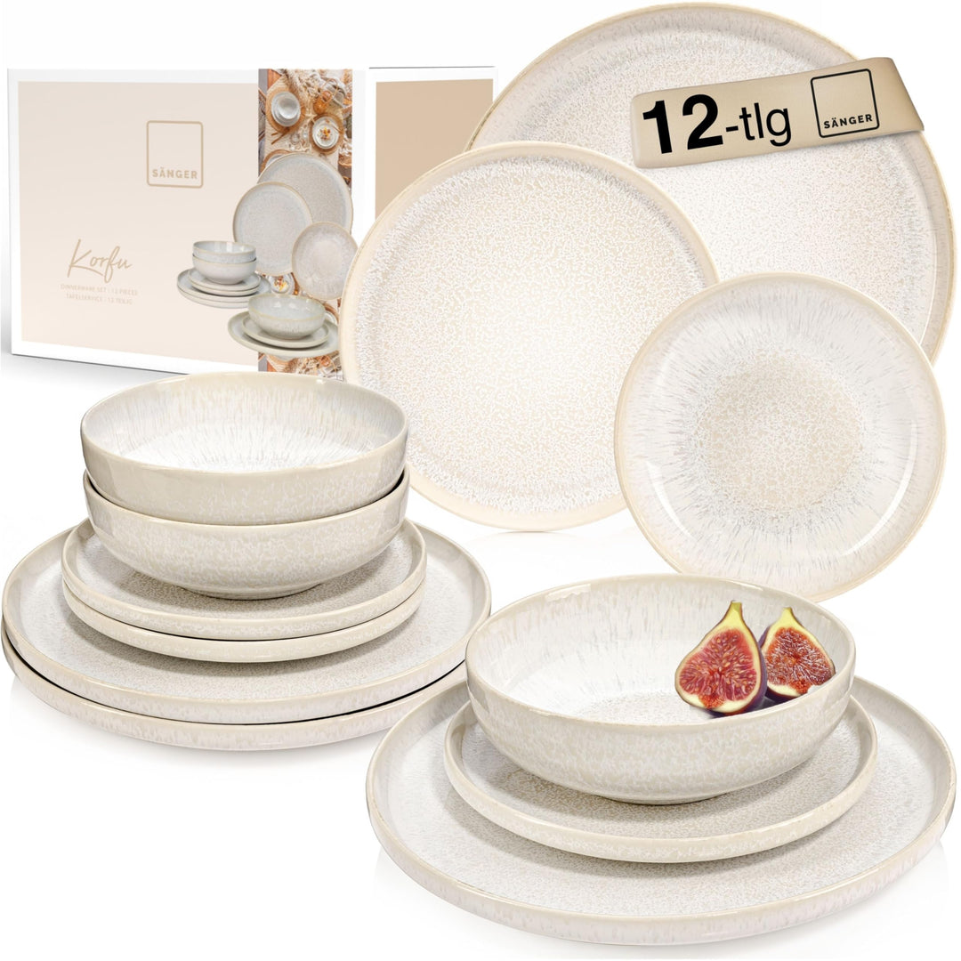 SÄNGER | Geschirrset Korfu 12 tlg, Tafelservice 4 Personen, Steingut Geschirr Handmade, Teller Set i