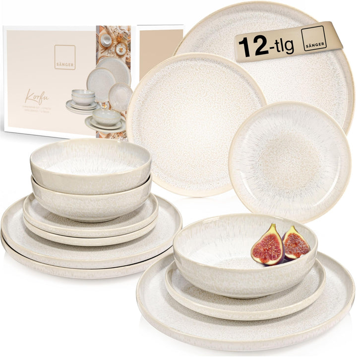 SÄNGER | Geschirrset Korfu 12 tlg, Tafelservice 4 Personen, Steingut Geschirr Handmade, Teller Set i