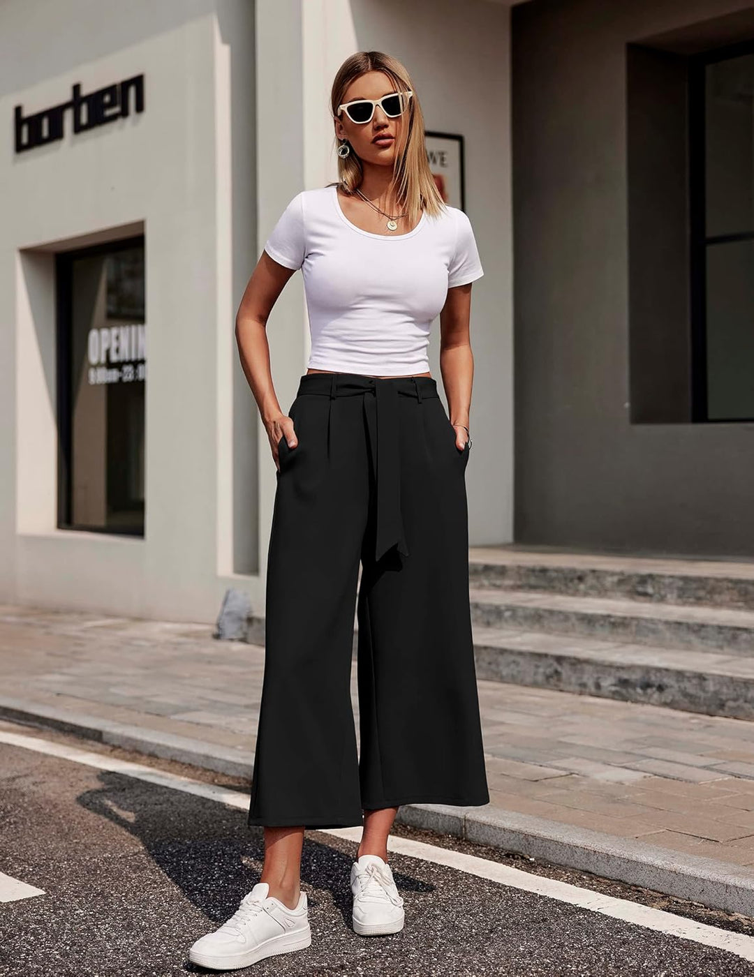 Beyove Damen Weite Hose 7/8 Sommerhose High Waist Elegant Business Hosen Schlaghose Gestreifte Anzug