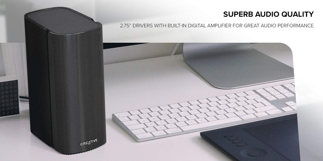 Creative T100 Kompakte 2.0-Hi-Fi-Desktop-Lautsprecher, bis zu 80W Spitzenleistung mit Bluetooth 5.0,