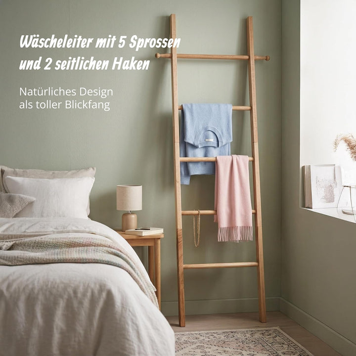 Relaxdays Handtuchleiter, 5 Sprossen, H x B: 170 x 43 cm, Natur | Walnussholz, Handtücher, Badezimme