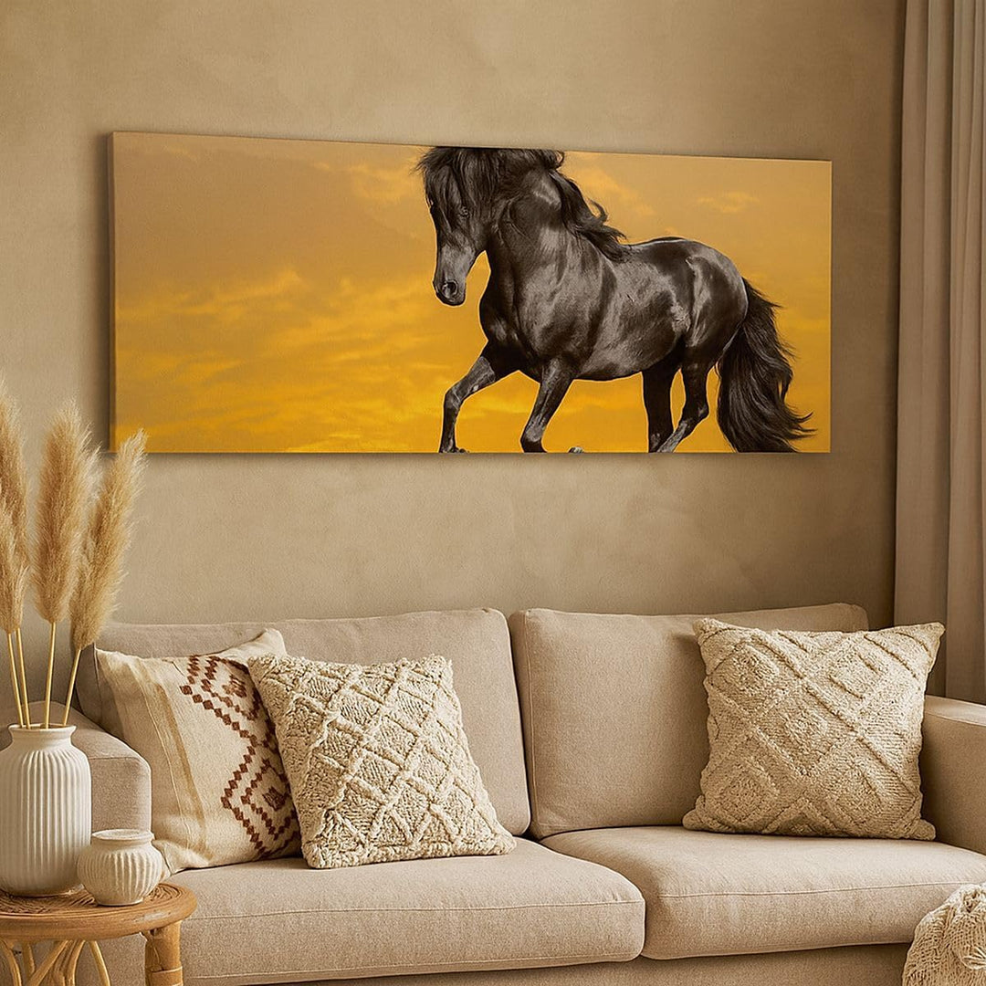 Wandbilder Dekoration Wohnzimmer Tiere Pferd Laufen Wiese Panorama Bilder auf Leinwand 120x50cm Lein