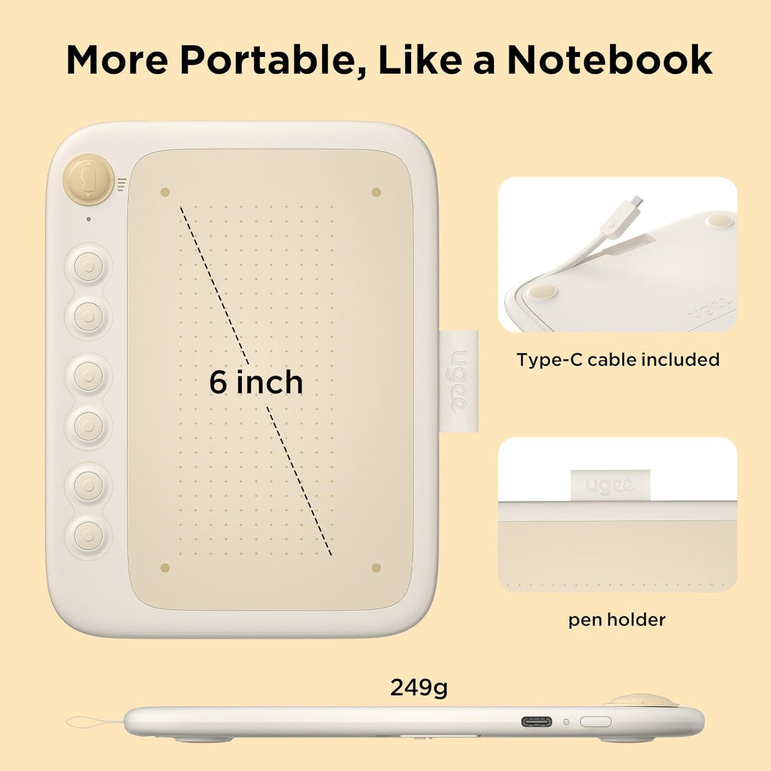 ugee Q6 Graphics Tablet 6 x 4 Inch Portable Drawing Tablet with Integrated Type-C Cable for Digital