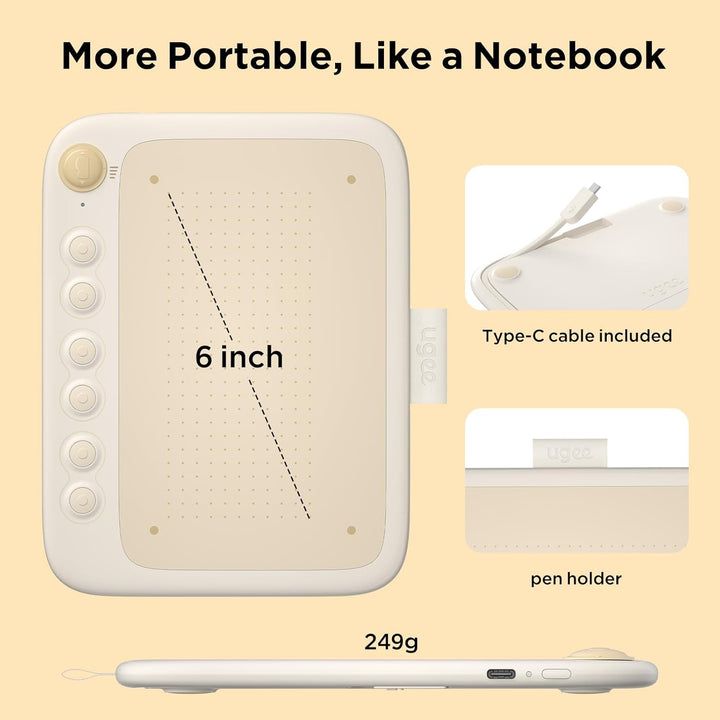 ugee Q6 Graphics Tablet 6 x 4 Inch Portable Drawing Tablet with Integrated Type-C Cable for Digital