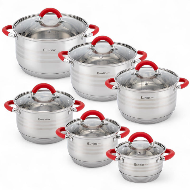 EliteHoff Topfset Induktion 12-teilig, Kochtopf Set mit Glasdeckeln und Silikongriffen, 7-lagiger Ed