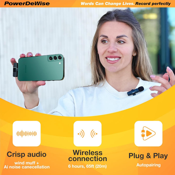PowerDeWise Kabelloses Lavalier-Mikrofon für Android-Telefone, USB Typ C, iPad MacBook, schnurloses