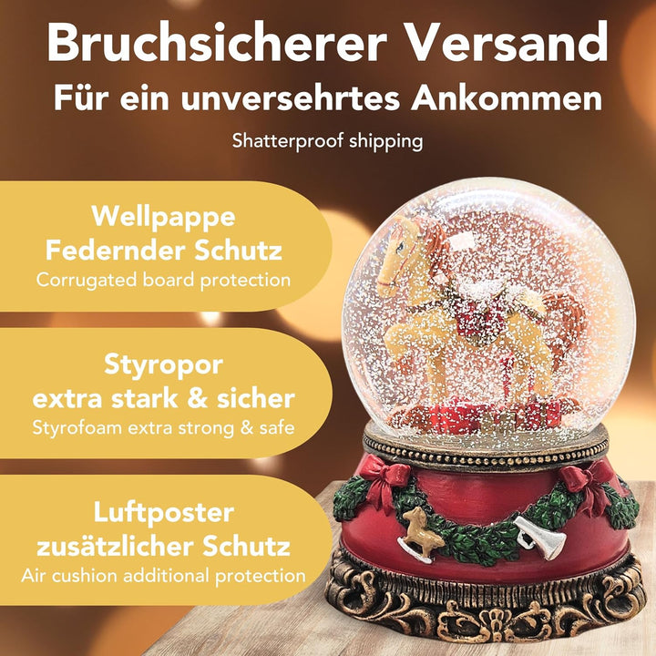 Weihnachts-Schneekugel mit Musik | Schneekugel Schaukelpferd mit Geschenkpaketen | Sockel Weihnachte