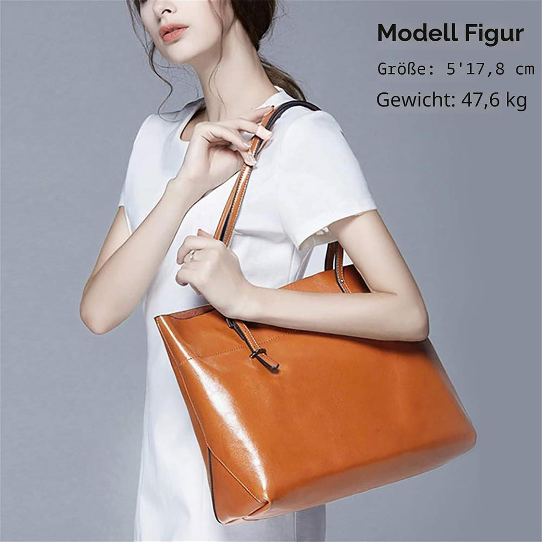 S-ZONE Damen Handtasche Rindspalt Leder Schultertasche Umhängetasche Grosse Shopper Tote Beutel Brau