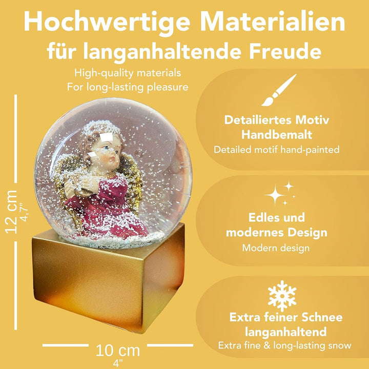 Weihnachts-Schneekugel Engel | Himmelsbote mit Harfe | Farbe rot Gold | 100mm breit, 120mm hoch | Be