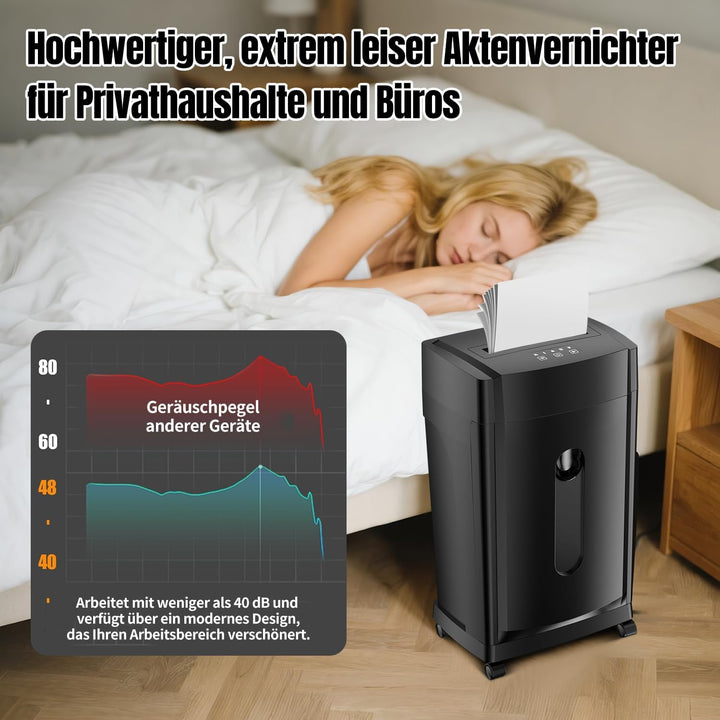 Professioneller Aktenvernichter – Geräuscharm 38 dB – 30 Min. Betriebsdauer – Mikroschnitt P-5 – 8 B