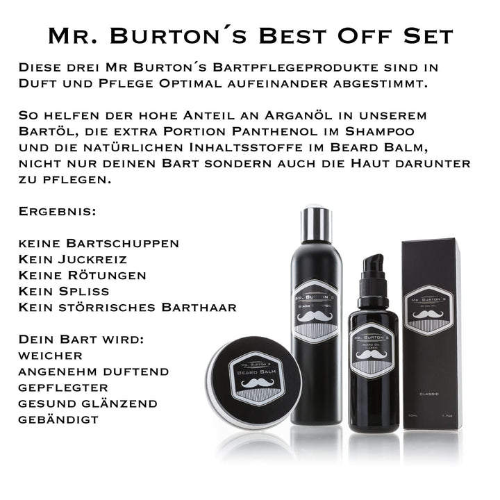 Bartpflege Set CLASSIC - 3 teilig von Mr. Burton´s. Inklusive Bartöl + Balsam + Bartshampoo