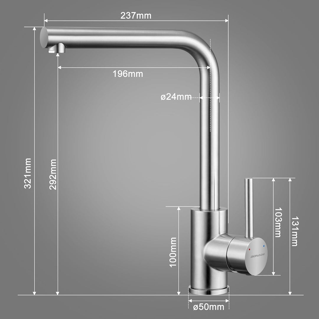 BONADE Niederdruck Armatur Küche aus Edelstahl 304, Küchenarmatur Niederdruck 360° Schwenkbare Misch