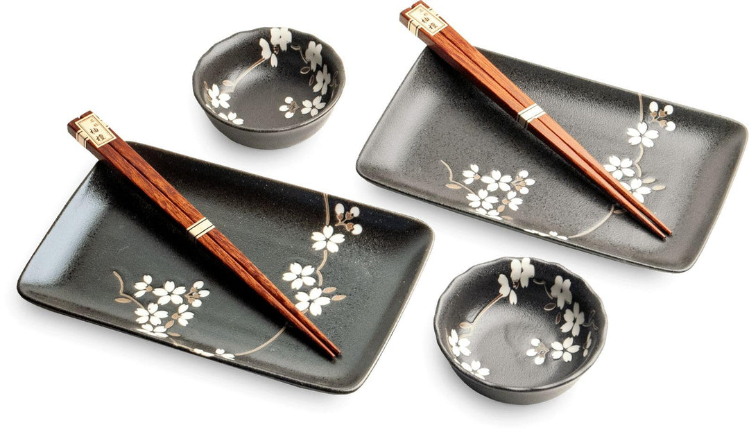 Sushiset KUROJI-Sakura Porzellan Sushi Set hergestellt in Japan Geschenkset Schwarz