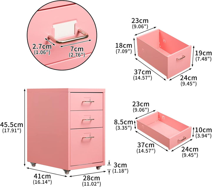 HollyHOME Mobiler Aktenschrank mit 3 Schubladen, rollbarer Aktenordner unter dem Schreibtisch, Aufbe