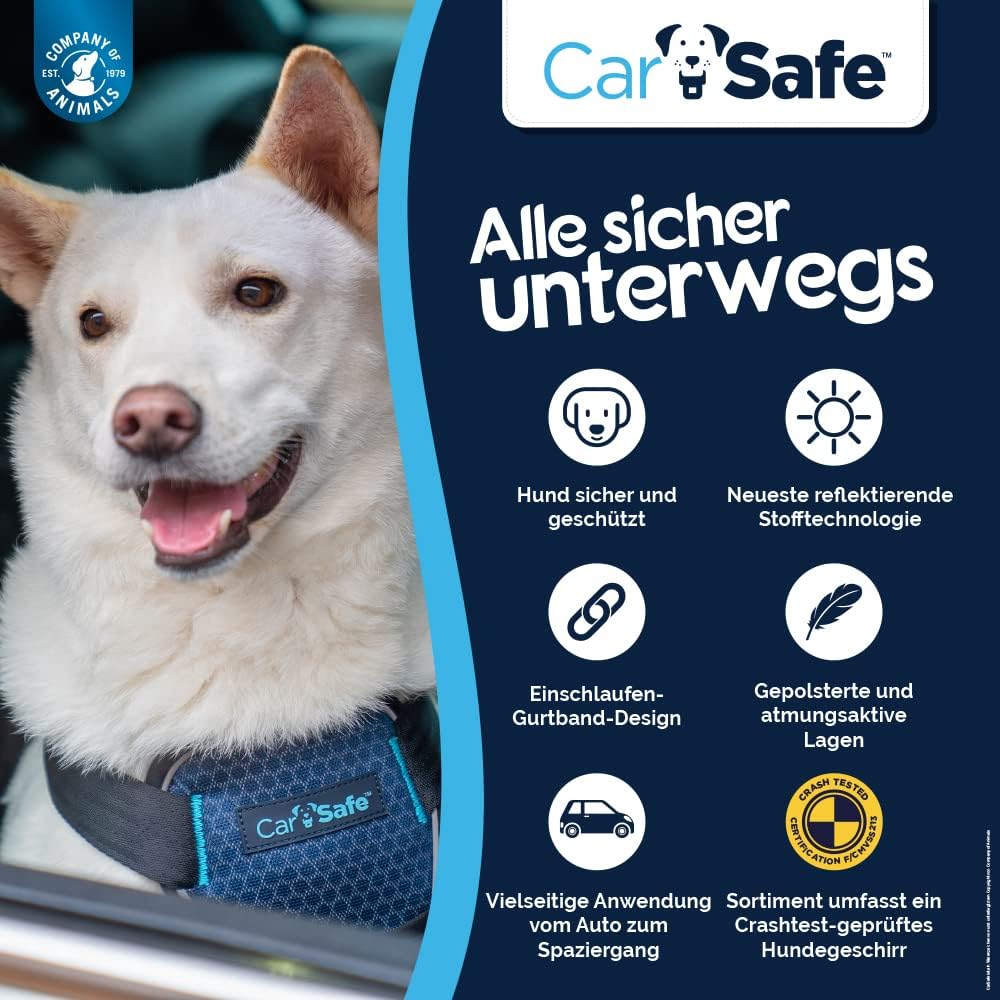 CarSafe Crash-getestetes Hunde Sicherheitsgeschirr, Crashtest-geprüft bis zu 32 kg / 70 lbs, sichert