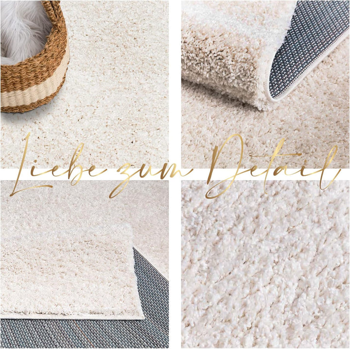 payé Teppich Wohnzimmer Hochflor Shaggy - 160x230cm - Creme Einfarbig Uni Flauschig Modern Boho Deko