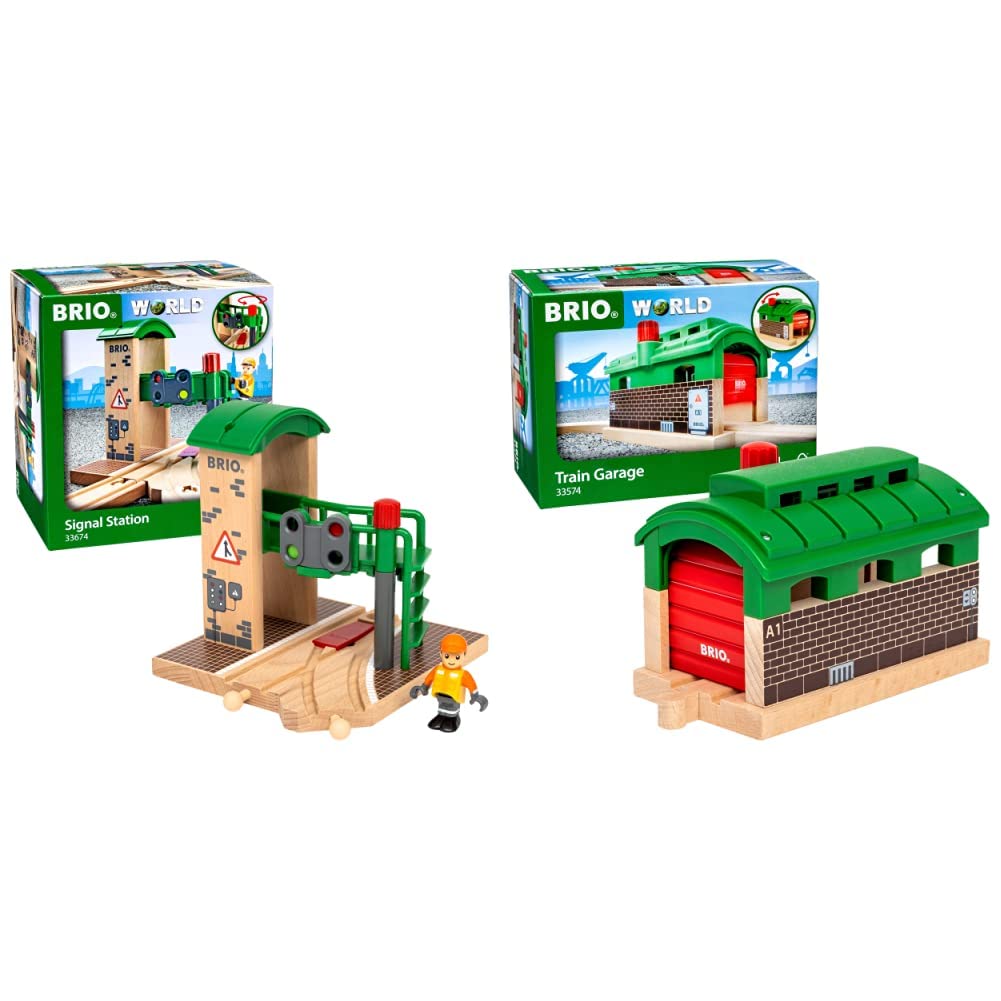 BRIO Bahn 33674 - Signal Station & World 33574 Lokschuppen mit Rolltor - Ergänzung für die BRIO Holz