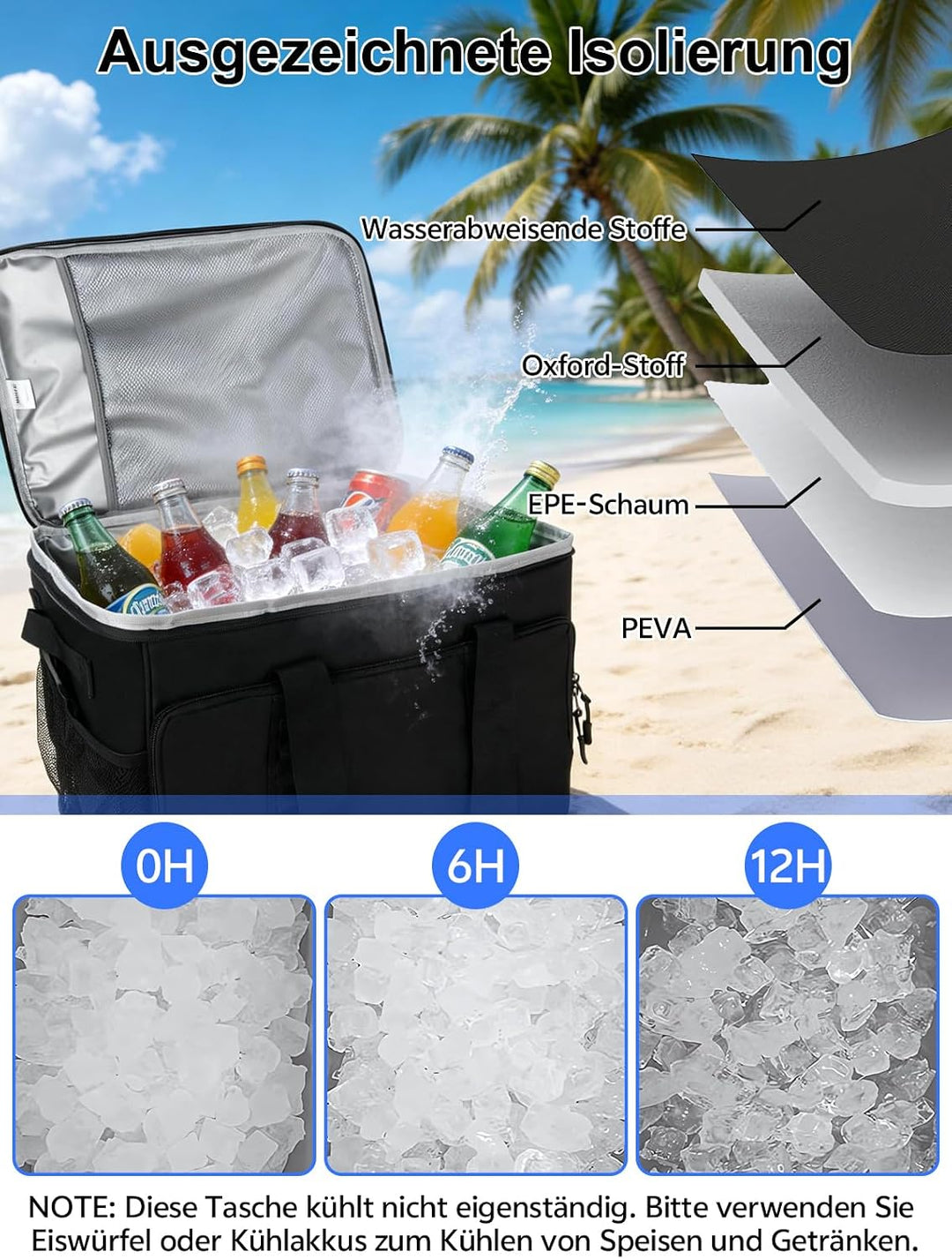 Kühltasche Gross 33L – Faltbare Isoliertasche für 50 Dosen, 8-12 Std. Kühlung, Wasserdicht & Auslauf