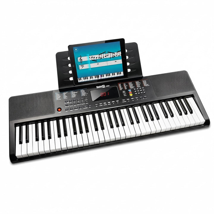 RockJam Compact 61 Key Keyboard with Sheet Music Stand, Power Supply, Piano Note Stickers & Simply P