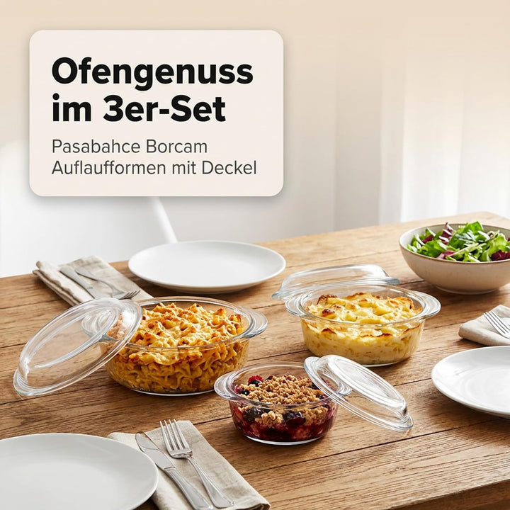 Der-Porzellan-Laden by Pasabahce Borcam Auflaufformen mit Deckel Ø 22 cm, 18,5 cm, 16 cm, 3er Set, r