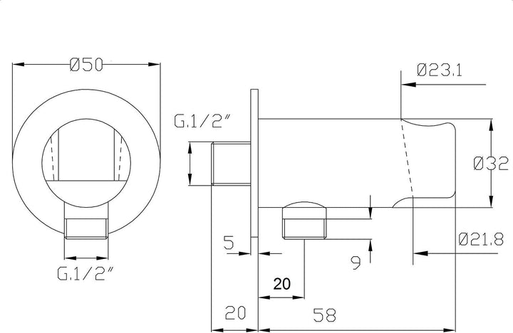 Wandanschlussbogen mit Brausehalterung/Anschluss Handbrause/Messing/verchromt / 1/2 Zoll Gewinde/Bra