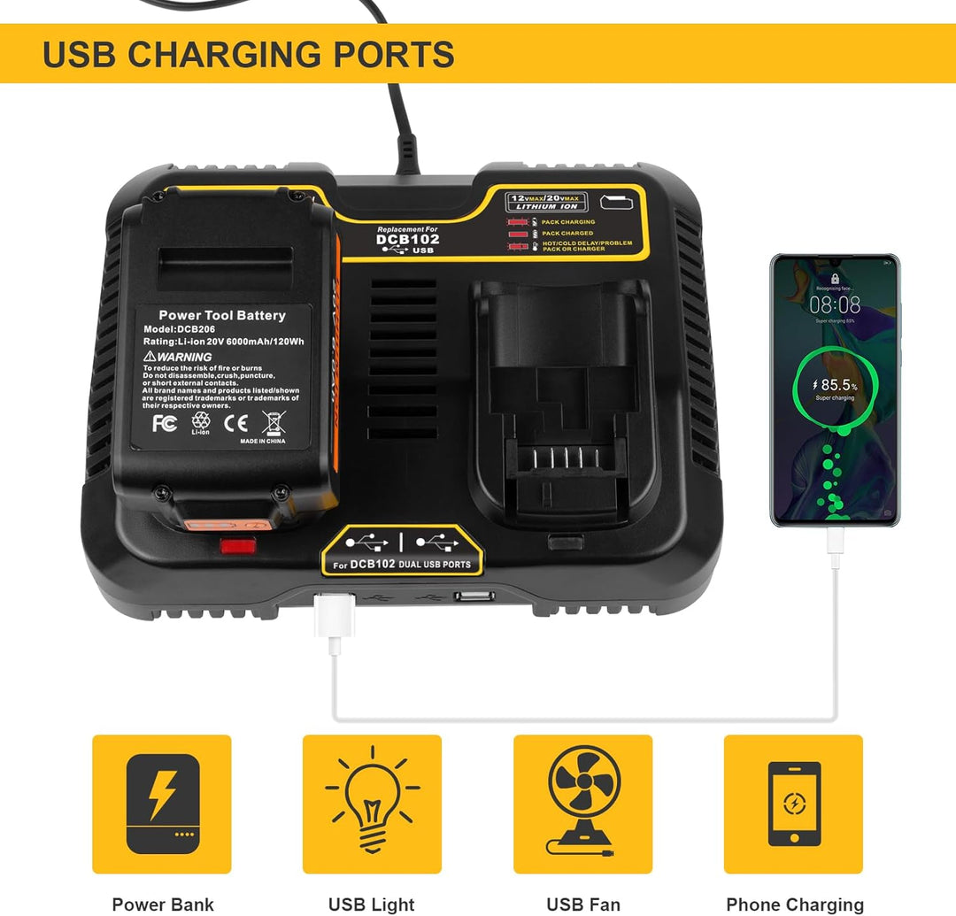 Ladegerät für Dewalt DCB115 18 V XR, KEATFE Dual 3 A, 12 V-20 V MAX Lithium-Ionen-Akku mit 2 USB-Ans