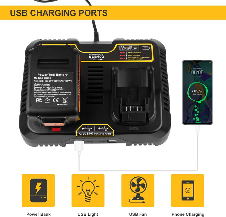 Ladegerät für Dewalt DCB115 18 V XR, KEATFE Dual 3 A, 12 V-20 V MAX Lithium-Ionen-Akku mit 2 USB-Ans