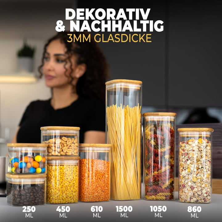 CLIDOR Vorratsgläser mit Deckel, Eckig - 8er Set - 5,2L Vol., Erhöhte Glasstärke, Vorratsdosen mit D