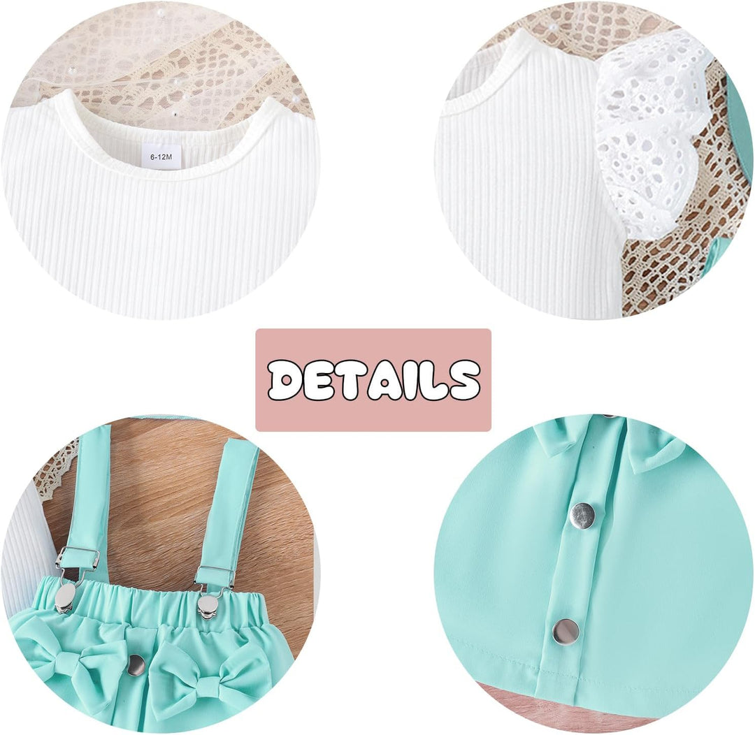 Kleinkind Baby Mädchen Rüschen Hosenschlitz Kurzarm Geripptes Oberteil + Schleife Strapsrock Overall