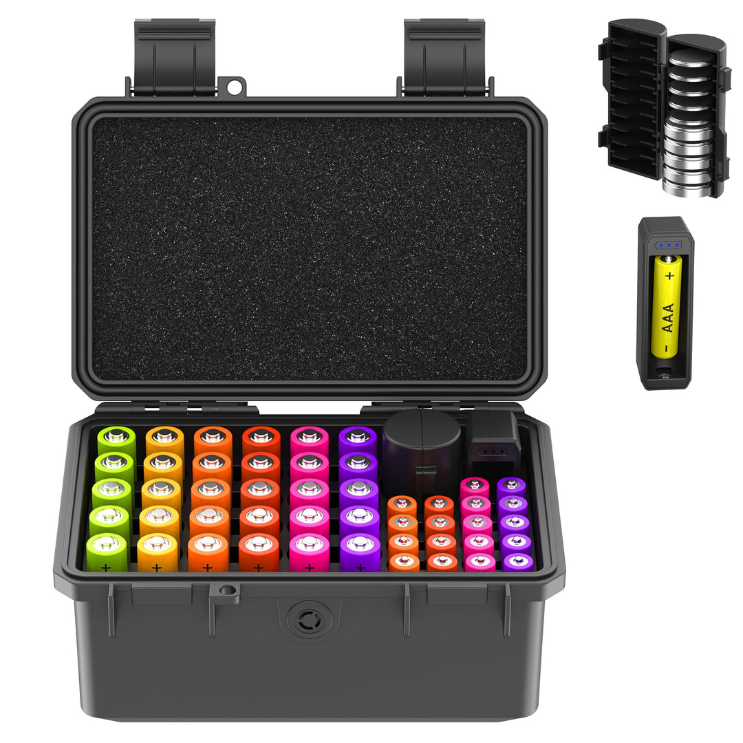 KIWIFOTOS AAA AA Batterie Organizer Aufbewahrungskoffer Batteriehalter mit Batterieprüfer IP67 Wasse