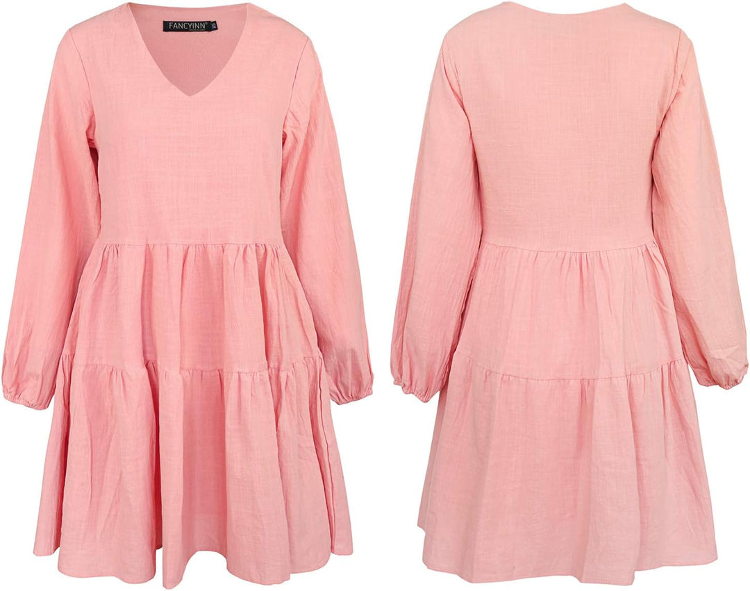 FANCYINN Damen Cute Shift Kleid mit Taschen Glockenärmel Rüschen Saum V Ausschnitt Lose Swing Tunika