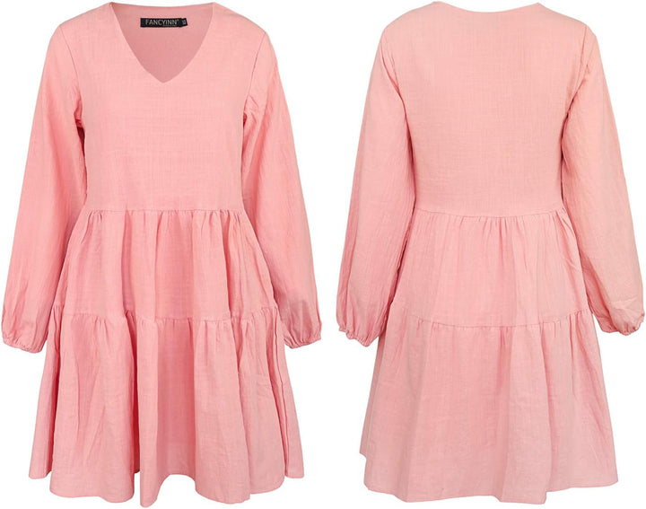 FANCYINN Damen Cute Shift Kleid mit Taschen Glockenärmel Rüschen Saum V Ausschnitt Lose Swing Tunika