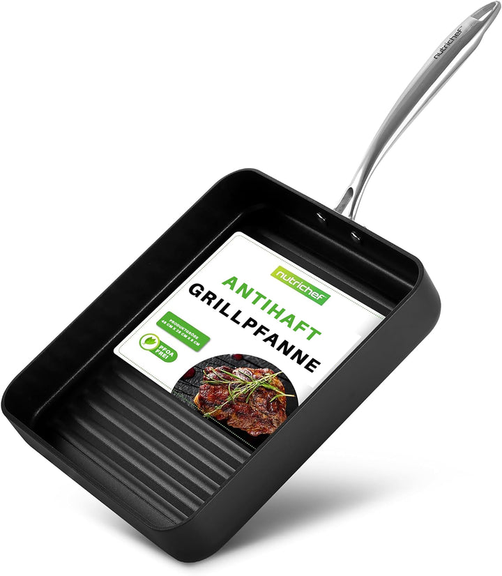 NutriChef Grillpfanne quadratische Gusseisenpfanne mit Antihaft-Rillenbeschichtung, 28 cm, Black