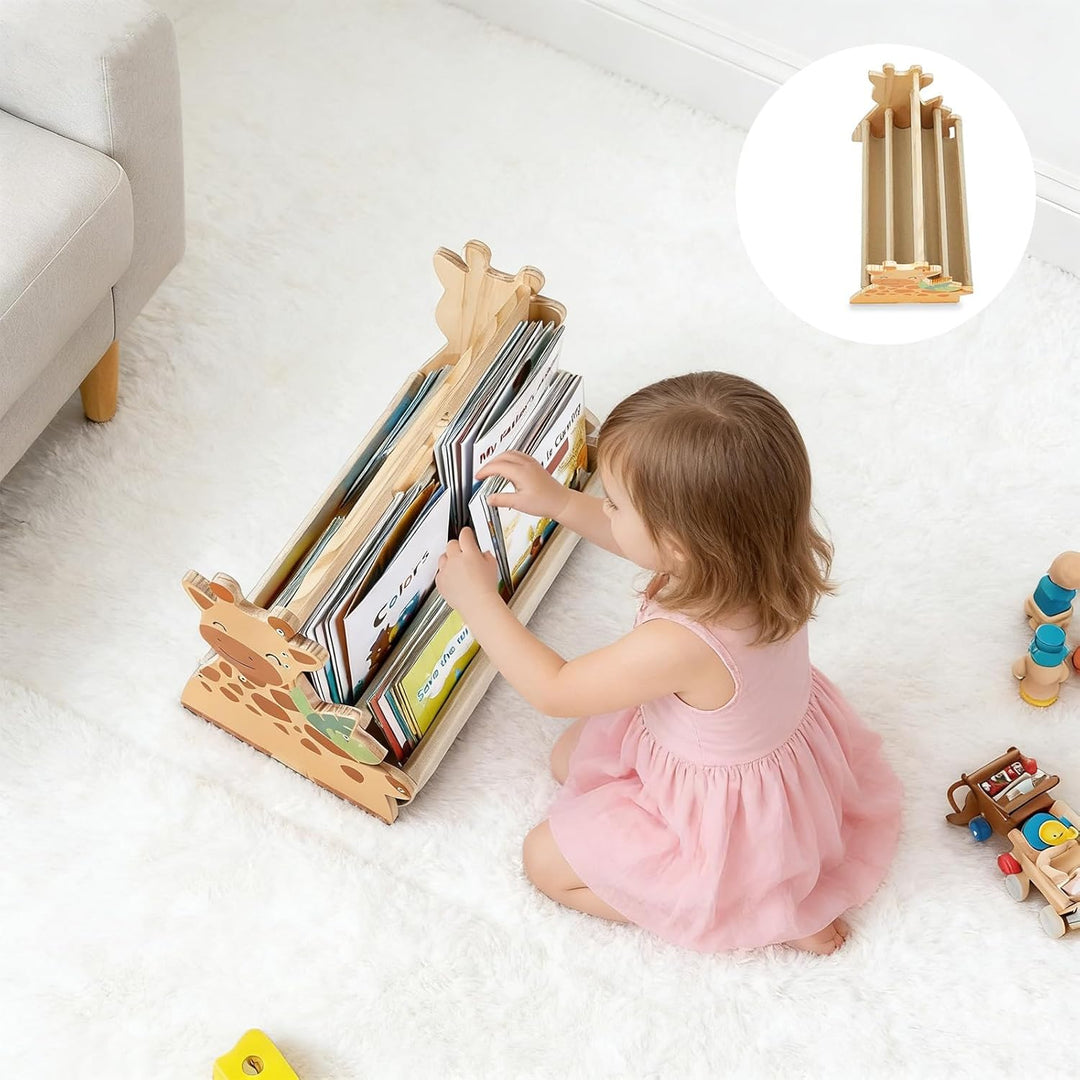 Kinder Bücherregal aus Holz, Montessori Bücherregal mit robusten Canvas-Taschen, tragbar mit Griff,