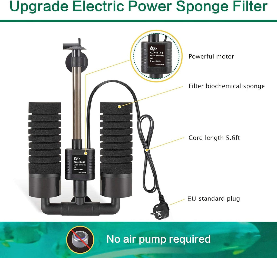 AQQA Aquarium Schwammfilter,3/5W Elektrischer Aquarium Filter,Leiser Tauchschaum Doppelschwammfilter