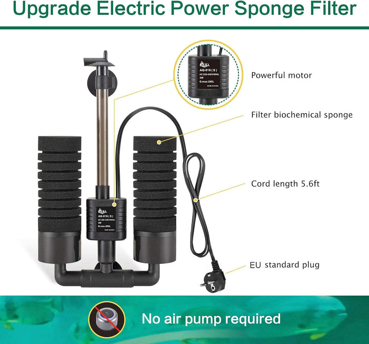AQQA Aquarium Schwammfilter,3/5W Elektrischer Aquarium Filter,Leiser Tauchschaum Doppelschwammfilter