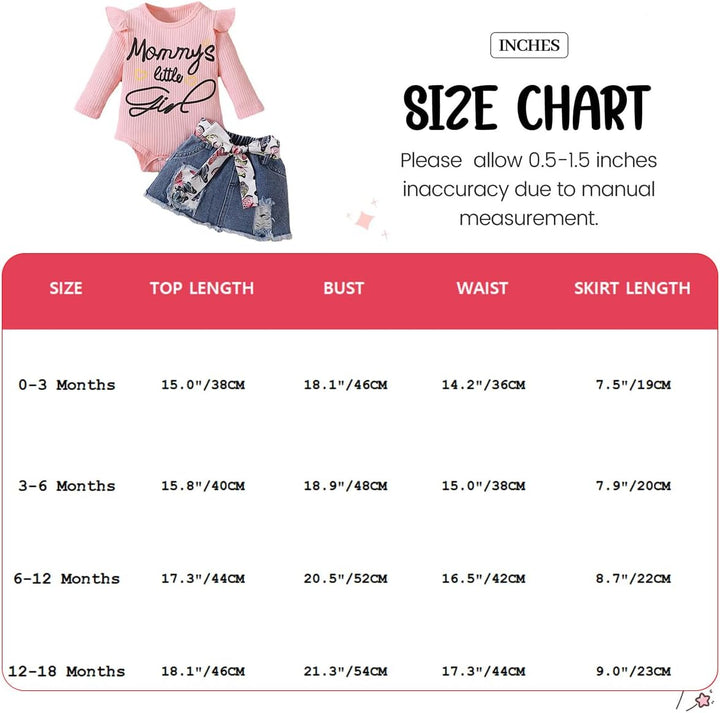 Vestiti Set per Neonata Manica Corta/Lunga Stampa a Lettere Tutina a Coste +Gonna in Denim Abbigliam