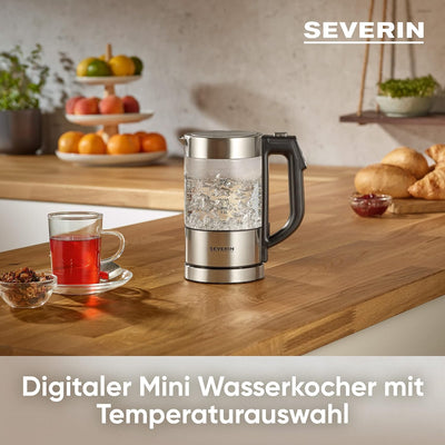 SEVERIN Digitaler Mini Glas Wasserkocher, kompakter Wasserkocher mit Temperaturauswahl, elektrischer