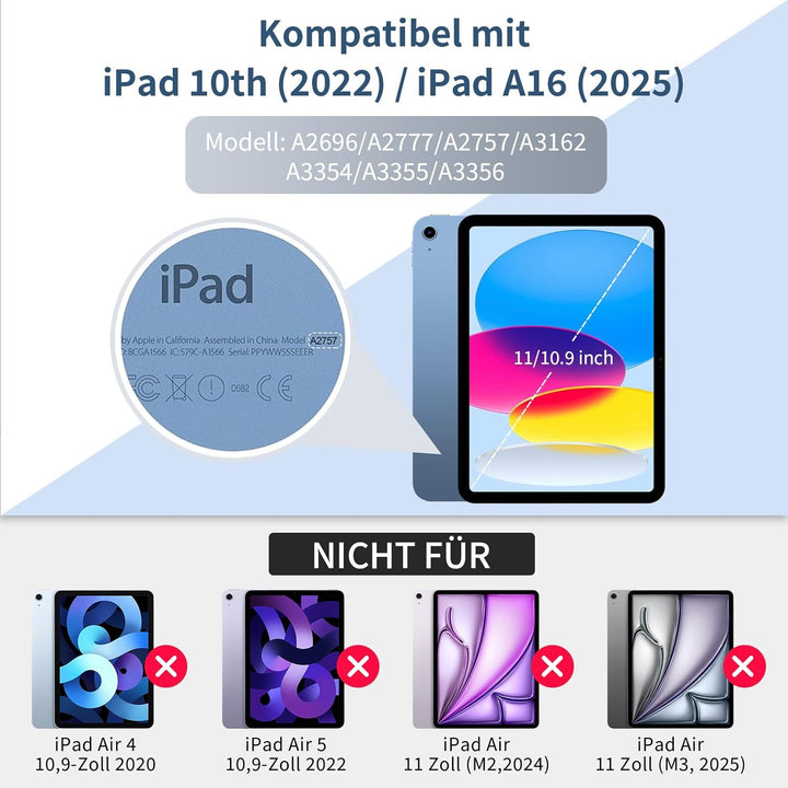 Tastatur Hülle für iPad A16 11 Generation 11 Zoll 2025/10 Generation 10,9 Zoll 2022, Schutzhülle mit