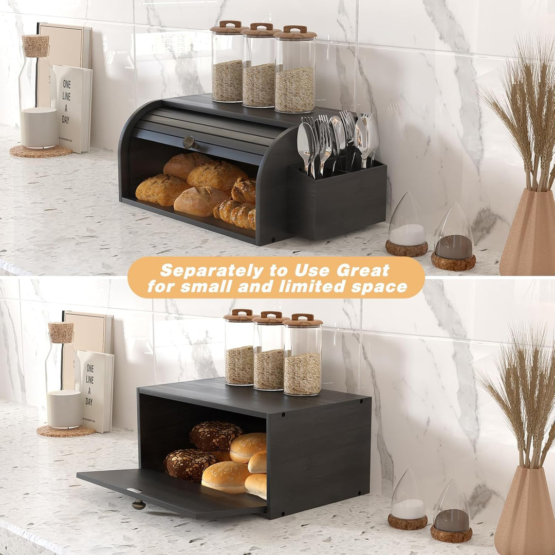 TQVAI Brotkasten Holz, Bambus Brotbehälter mit 2 Etagen Brotaufbewahrung, Bread Box mit Rolldeckel m