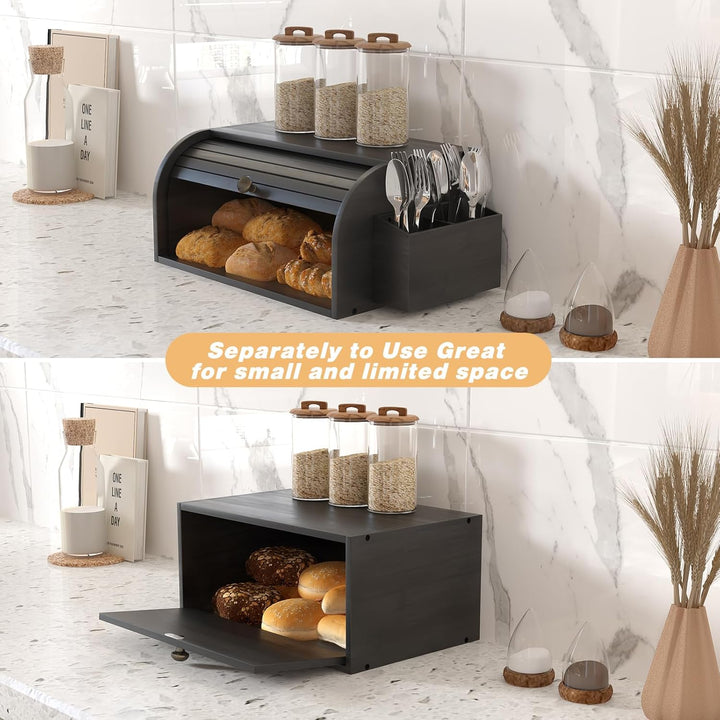 TQVAI Brotkasten Holz, Bambus Brotbehälter mit 2 Etagen Brotaufbewahrung, Bread Box mit Rolldeckel m