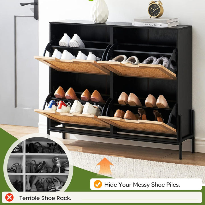 Schuhschrank Mit 4 Klappen, Schuhregal Schuhkipper Schmal, Schuhablage Verstellbar, Schuhkommode für