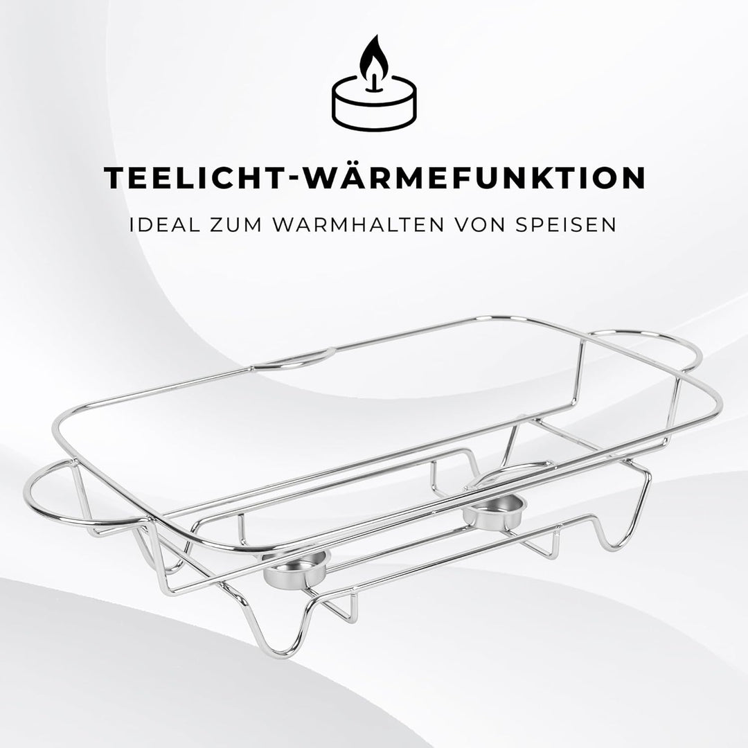 Wärmebehälter für Speisen mit Glaseinsatz - 4L - Teelicht Warmhalteplatte - Edelstahl Gestell und De