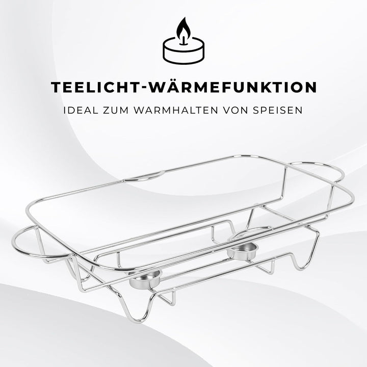 Wärmebehälter für Speisen mit Glaseinsatz - 4L - Teelicht Warmhalteplatte - Edelstahl Gestell und De
