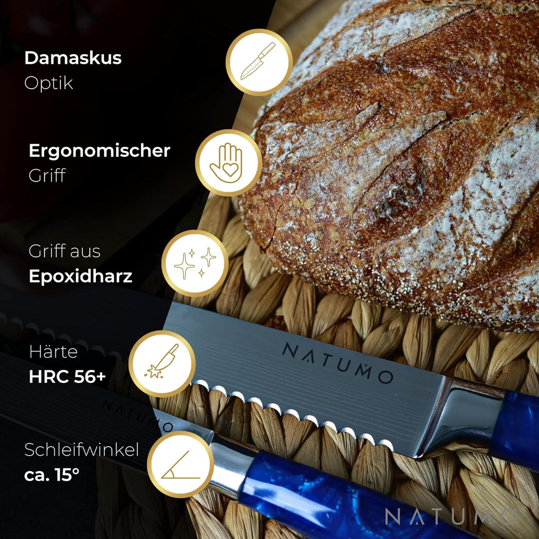 NATUMO Küchenmesser Set 9-teilig. HRC 56+ scharfes Messerset Profi in Damast-Optik aus Allzweckmesse