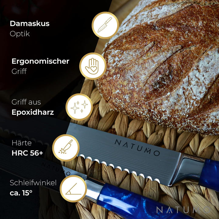 NATUMO Küchenmesser Set 9-teilig. HRC 56+ scharfes Messerset Profi in Damast-Optik aus Allzweckmesse