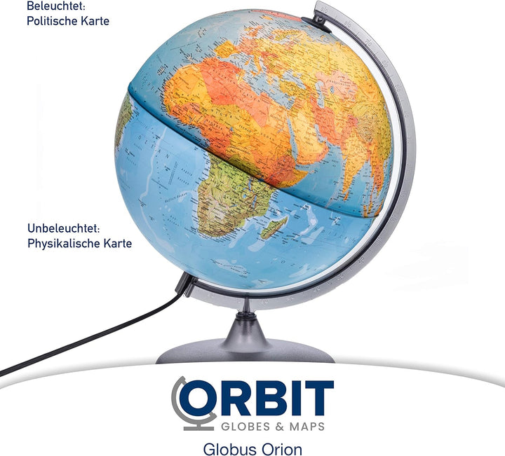 ORBIT GLOBES & MAPS - Leuchtglobus - 30cm Globus mit stabilem Standfuss, Kartenbild 2023 physikalisc