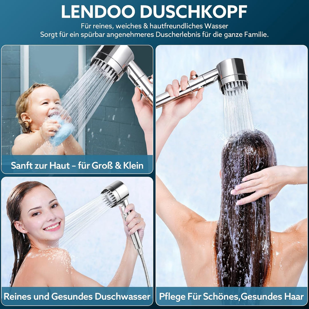 LENDOO Duschkopf mit Filtera – Hochdruck Duschkopf aus Chrom mit 15-Stufen Wasserfilter, 4 Modi & St